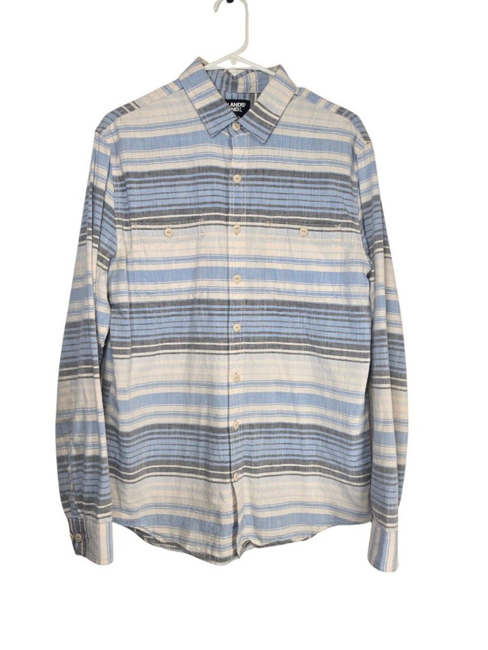 Lands End Men Shirt Button Down Top Blue White Stripe Cotton Size Medium 15 15.5